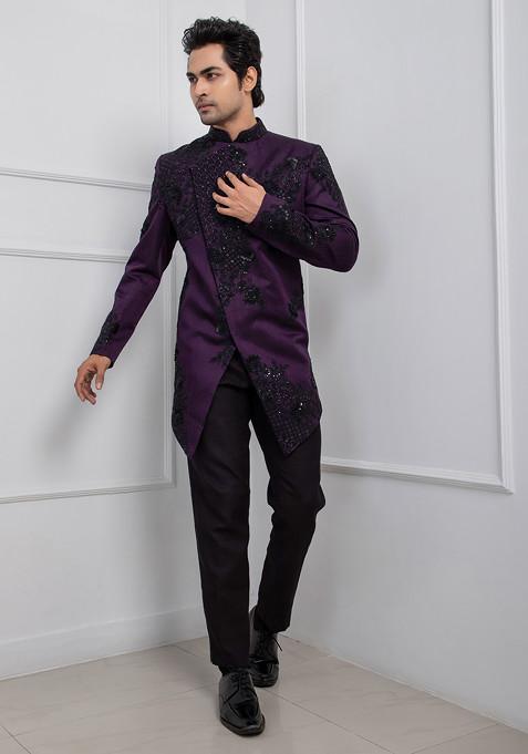 Purple Hand Embroidered Linen Satin Bandhgala Set For Men