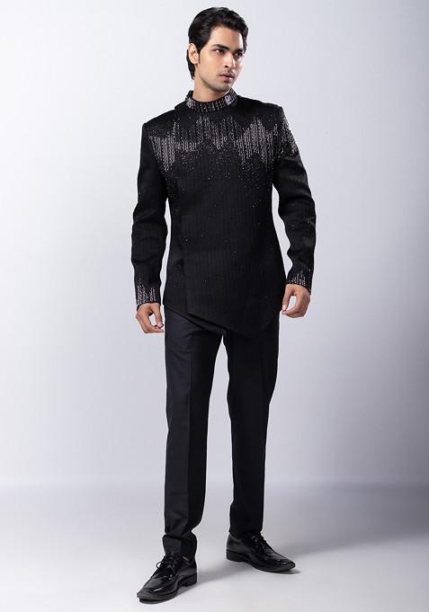 Black Hand Embroidered Linen Satin Bandhgala Set For Men