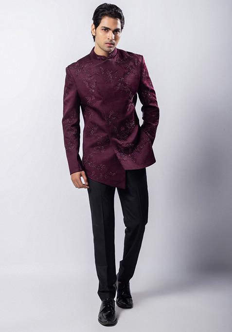 Maroon Hand Embroidered Linen Satin Bandhgala Set For Men