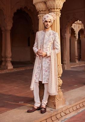 Nude Pink Hand Embroidered Raw Silk Sherwani Set For Men
