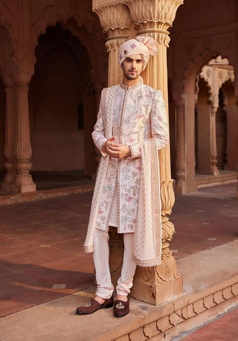 Nude Pink Hand Embroidered Raw Silk Sherwani Set For Men