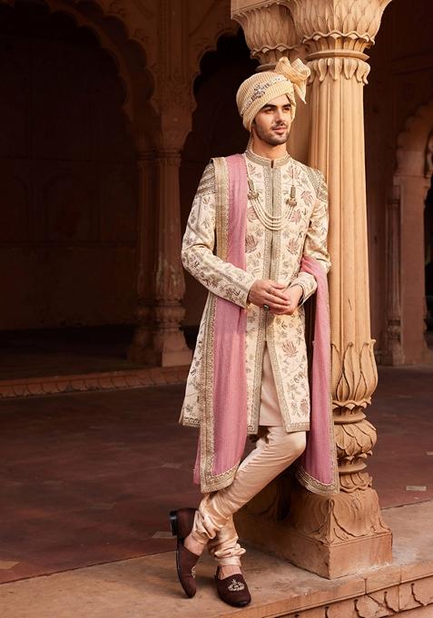 Beige Hand Embroidered Silk Jacquard Sherwani Set For Men