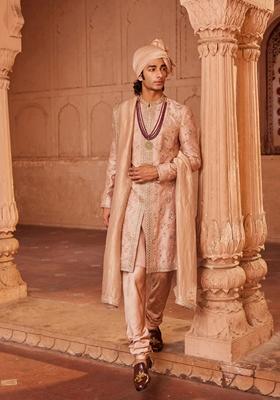 Rose Brown Hand Embroidered Raw Silk Sherwani Set For Men