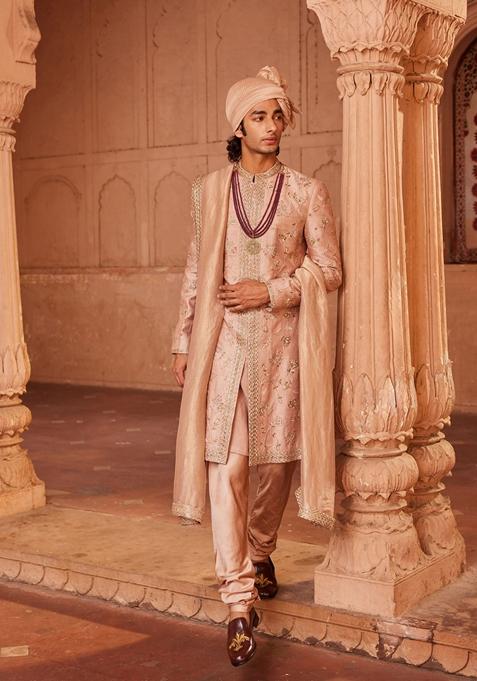 Rose Brown Hand Embroidered Raw Silk Sherwani Set For Men