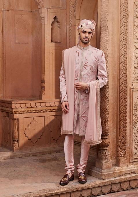 Nude Pink Hand Embroidered Silk Jacquard Sherwani Set For Men