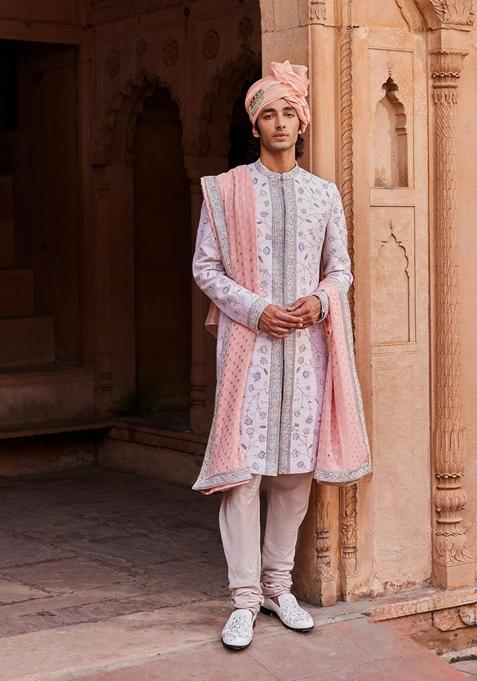 Ice Grey Hand Embroidered Raw Silk Sherwani Set For Men