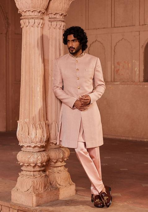 Pink Hand Embroidered Silk Jacquard Sherwani Set For Men