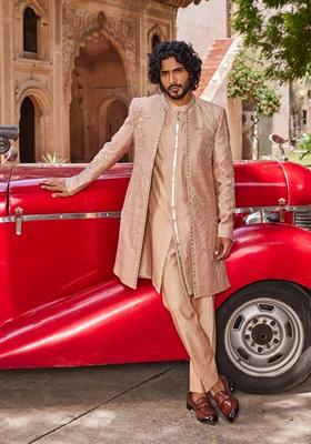 Rose Brown Hand Embroidered Raw Silk Sherwani Set For Men