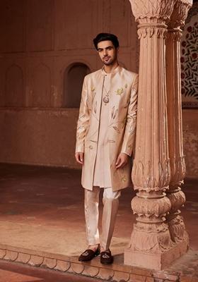 Beige Hand Embroidered Pure Silk Sherwani Set For Men