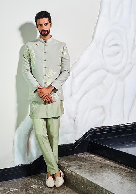 Sea Green Embroidered Italian Cationic Jodhpuri Suit For Men