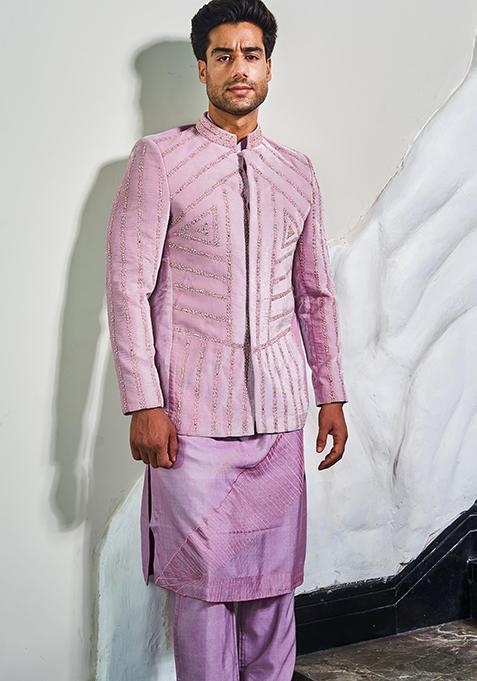 Onion Pink Embroidered Silk Velvet Jodhpuri Suit For Men