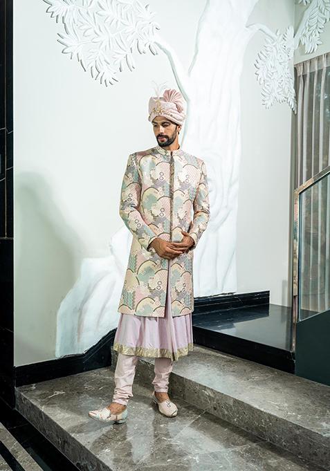 Multicolour And Pink Embroidered Silk Sherwani Set For Men