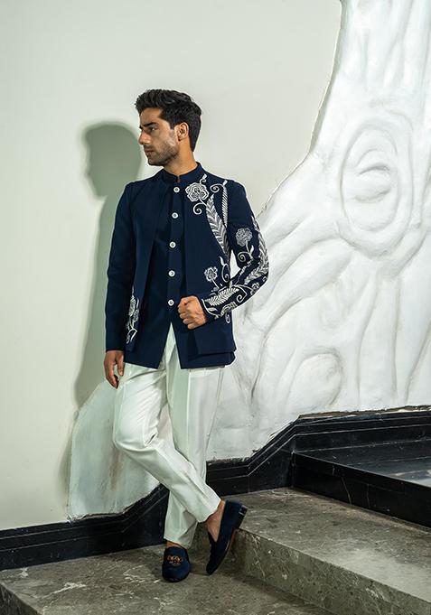 Navy Blue Embellished Italian Cationic Jodhpuri Suit For Men