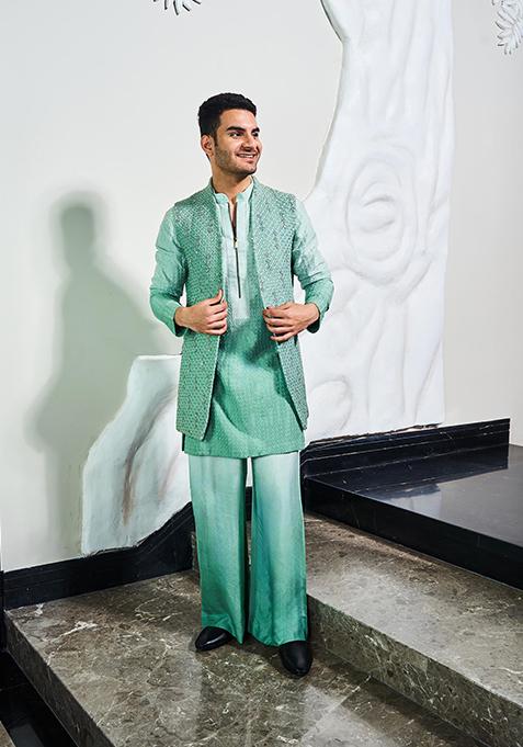 Green Embroidered Silk Jodhpuri Set For Men