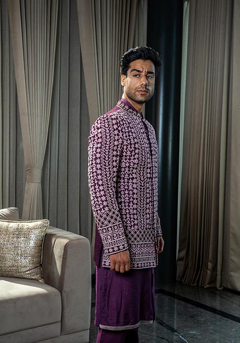 Dark Purple Embroidered Silk Jodhpuri Set For Men