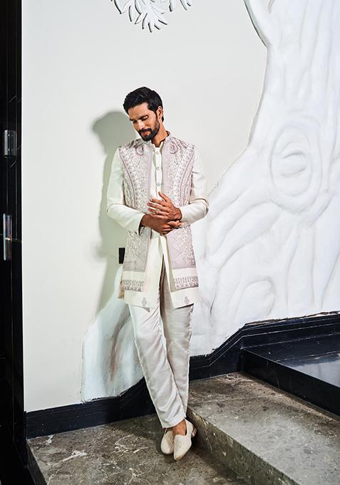 Ivory Embroidered Silk Jacket Set For Men