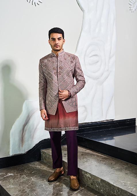 Nude Pink Embroidered Silk Jodhpuri Set For Men