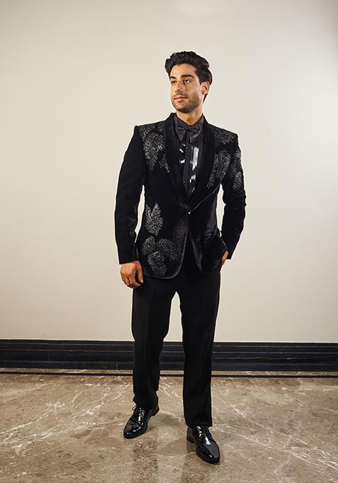 Black Embroidered Silk Velvet Jodhpuri Suit For Men