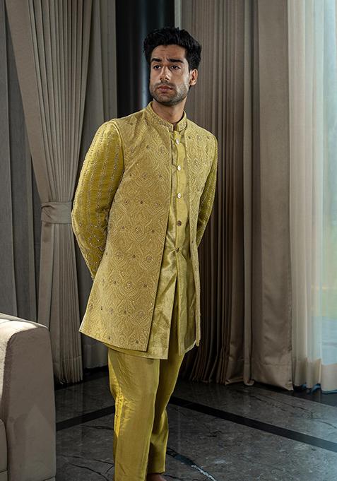 Golden Yellow Embroidered Jodhpuri Silk Velvet Jodhpuri Set With Jacket For Men