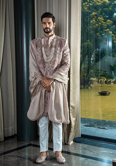 Pink Embroidered Silk Sherwani Set For Men