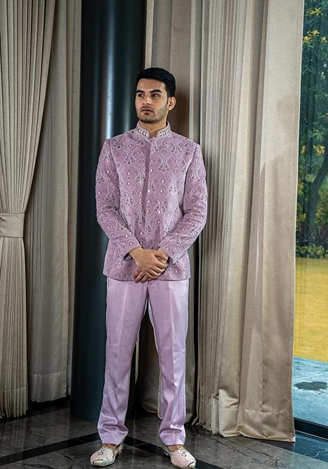 Onion Pink Embroidered Silk Velvet Jodhpuri Suit For Men