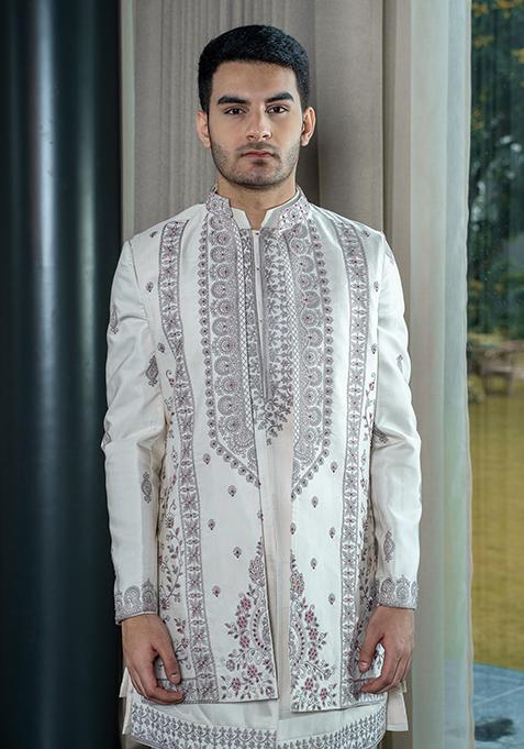 Ivory Embroidered Silk Jacket Set For Men