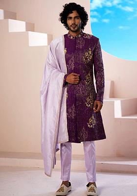 Purple Hand Embroidered Raw Silk Sherwani Set For Men