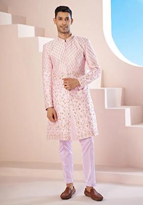Pink Hand Embroidered Dupion Silk Sherwani Set For Men