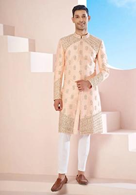 Peach Hand Embroidered Raw Silk Sherwani Set For Men
