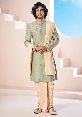 Olive Green Hand Embroidered Dupion Silk Sherwani Set For Men