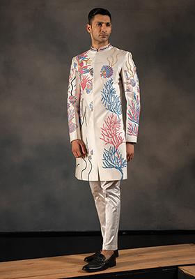 Off White Embroidered Dupion Silk Sherwani Set For Men