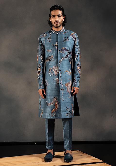 Blue Embroidered Raw Silk Sherwani Set For Men