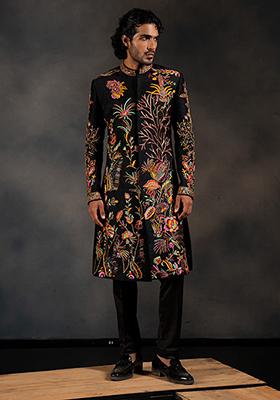 Black Embroidered Raw Silk Sherwani Set For Men