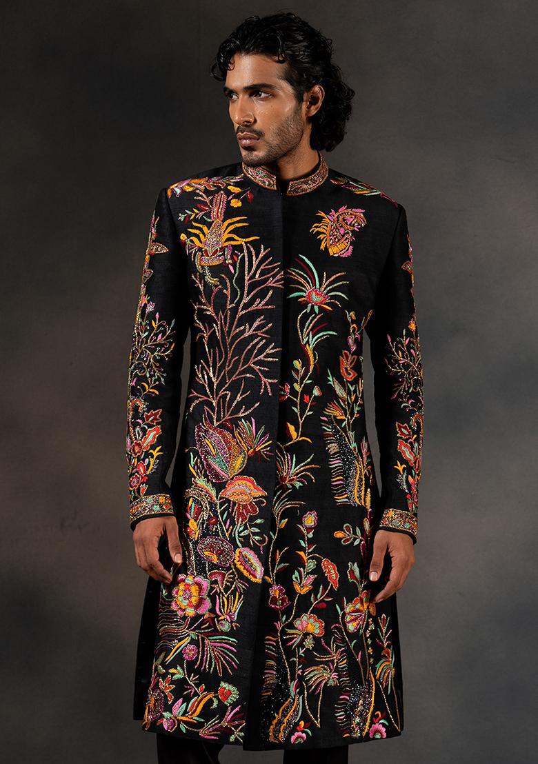 Black Embroidered Raw Silk Sherwani Set For Men - Indya