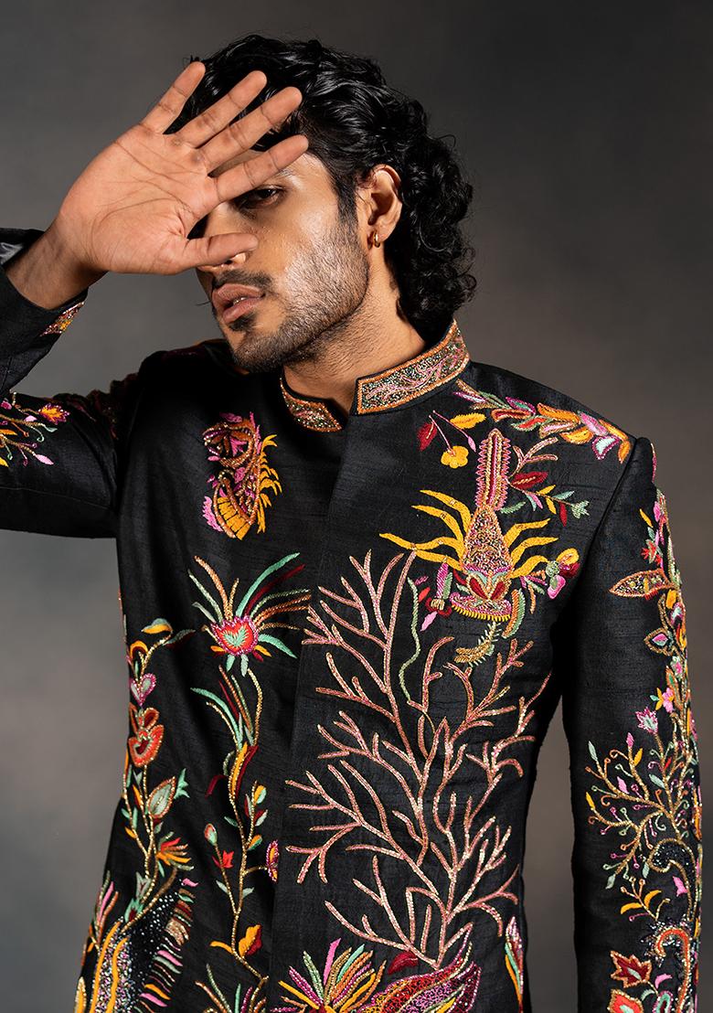 Black Embroidered Raw Silk Sherwani Set For Men - Indya