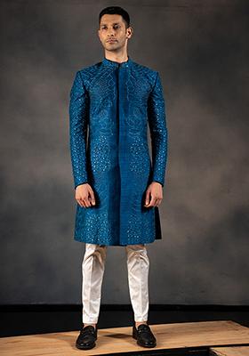 Blue Embroidered Raw Silk Sherwani Set For Men