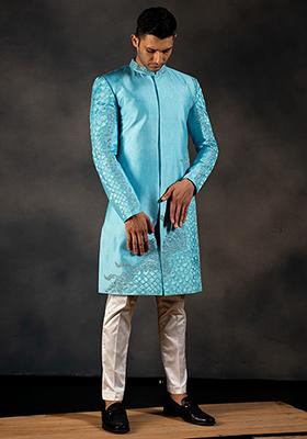 Sky Blue Embroidered Raw Silk Sherwani Set For Men