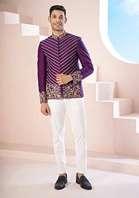 Purple Embroidered Cotton Blend Bandhgala Set For Men