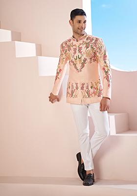 Peach Embroidered Cotton Blend Bandhgala Set For Men