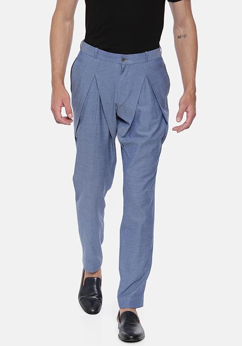 Blue Denim Pleated Trousers For Men