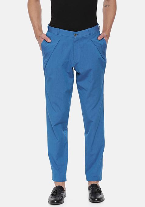 Aqua Blue Pleated Cotton Trousers For Men