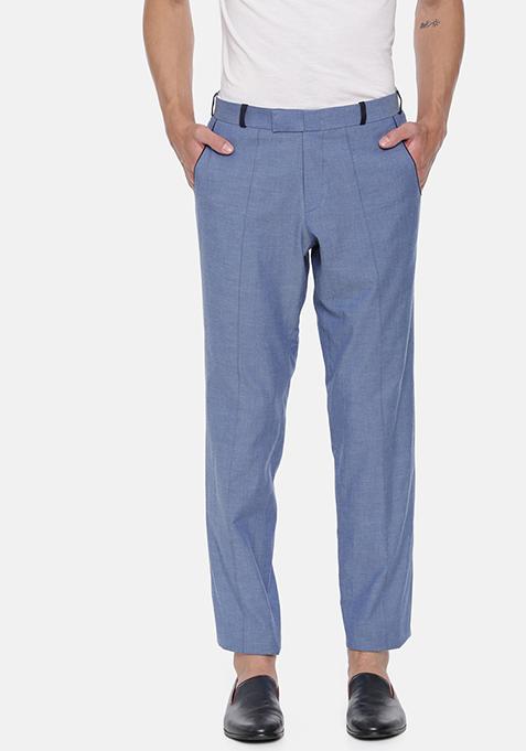 Denim Blue Fitted Cotton Trousers For Men