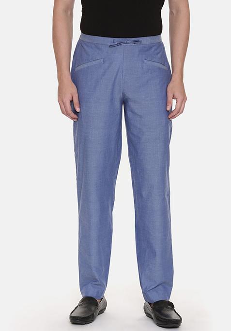 Blue Drawstring Cotton Pants For Men