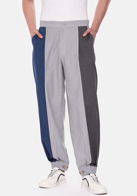 Blue And Grey Cotton Trousers For Men