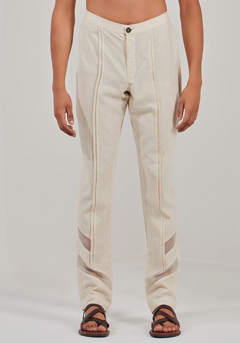 White Panelled Straight Pants For Men