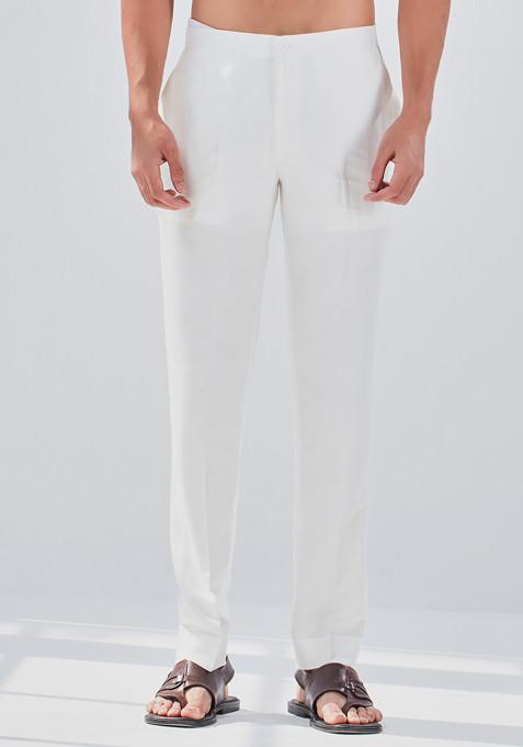 White Padma Silk Straight Pants For Men