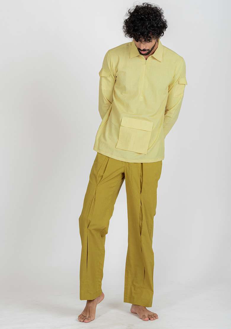 Yellow Sandstone Box Pleat Pajama For Men - Indya