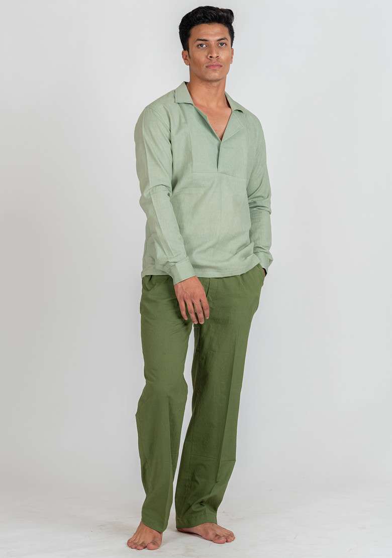 Green Solid Dusty Mist Pajama For Men - Indya