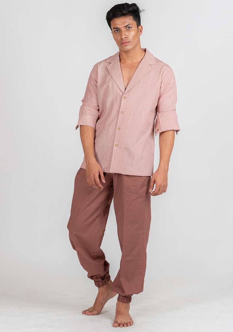 Rose Pink Solid Sandstone Box Pleat Pajama For Men - Indya