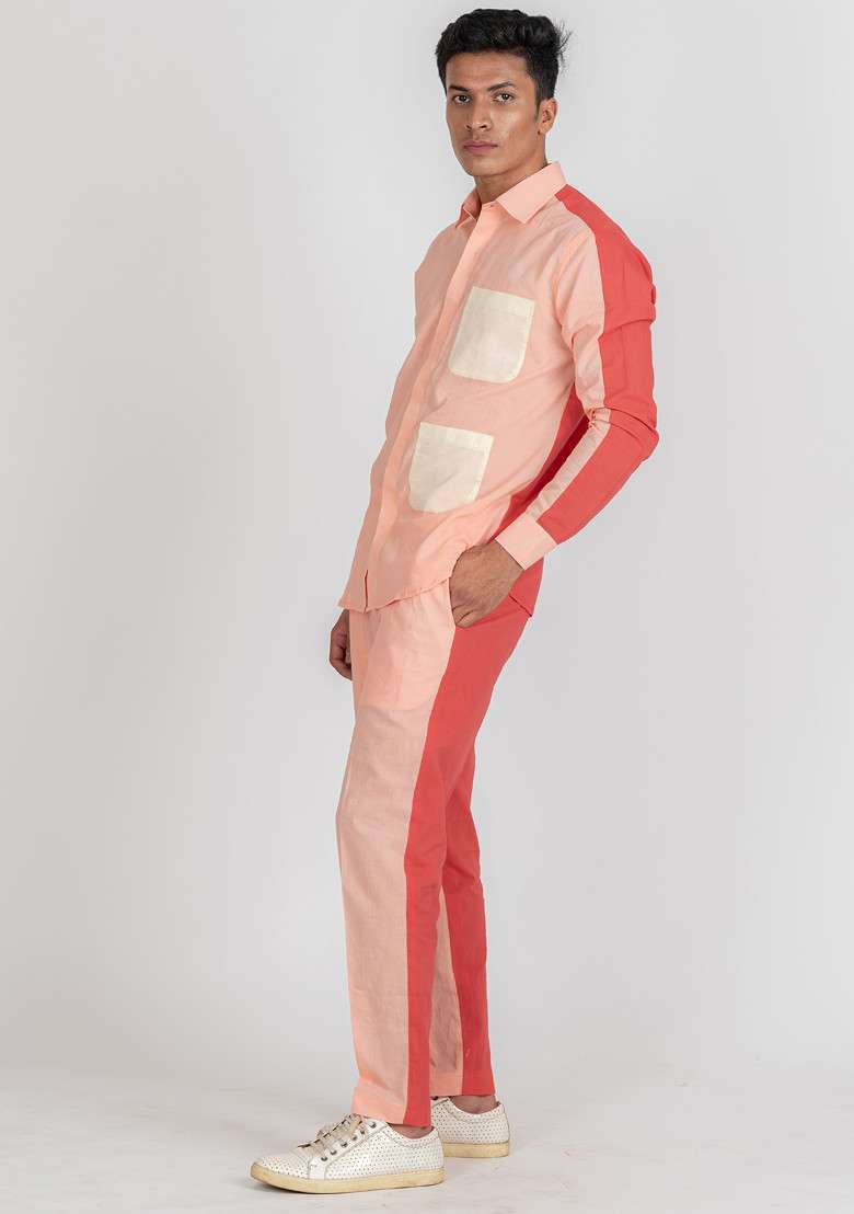 Pink Colour Blocked Flamingo Fly Pajama For Men - Indya